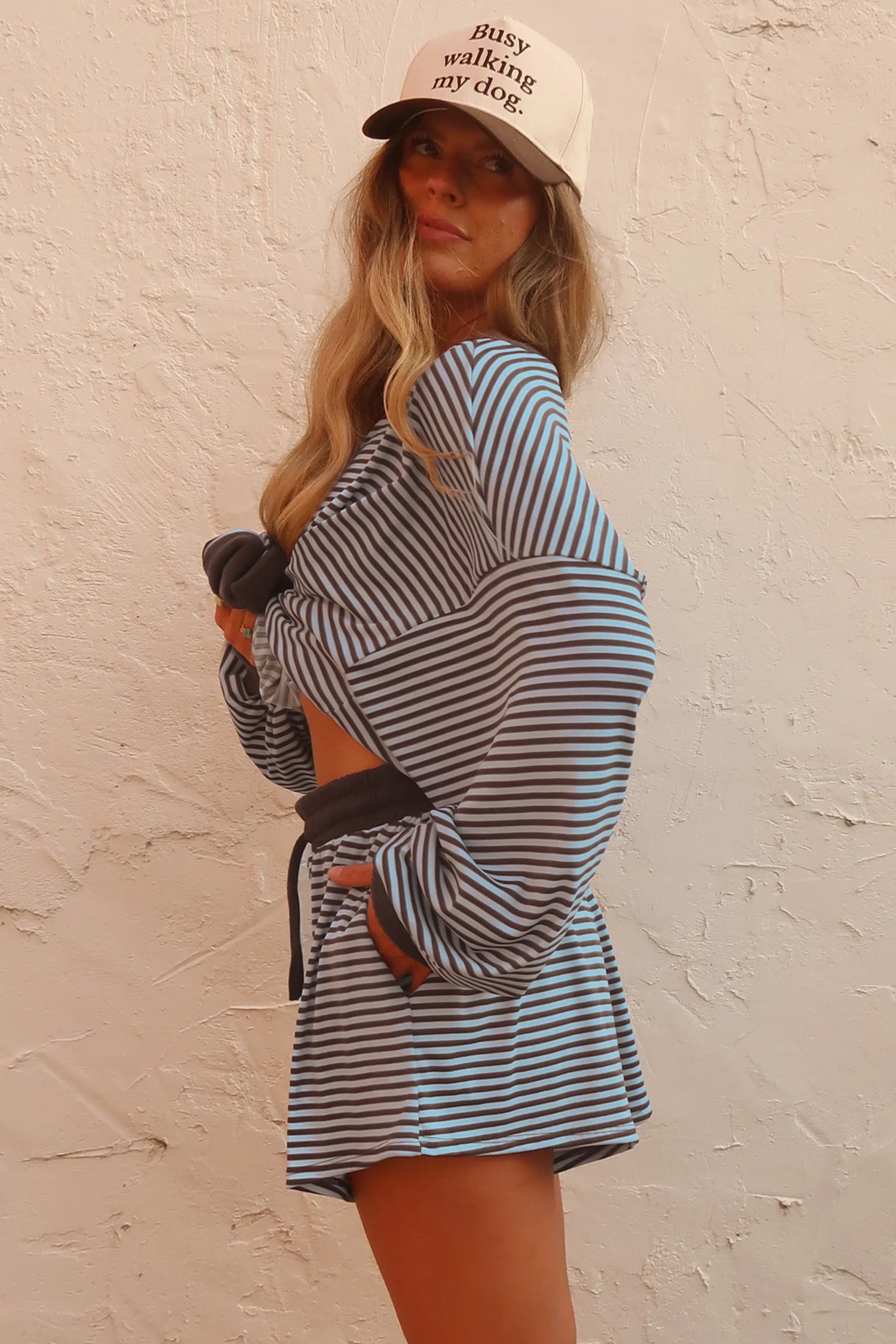 Oversized Long Sleeve Top Drawstring Loose Shorts 2pcs Set – Brown Stripe