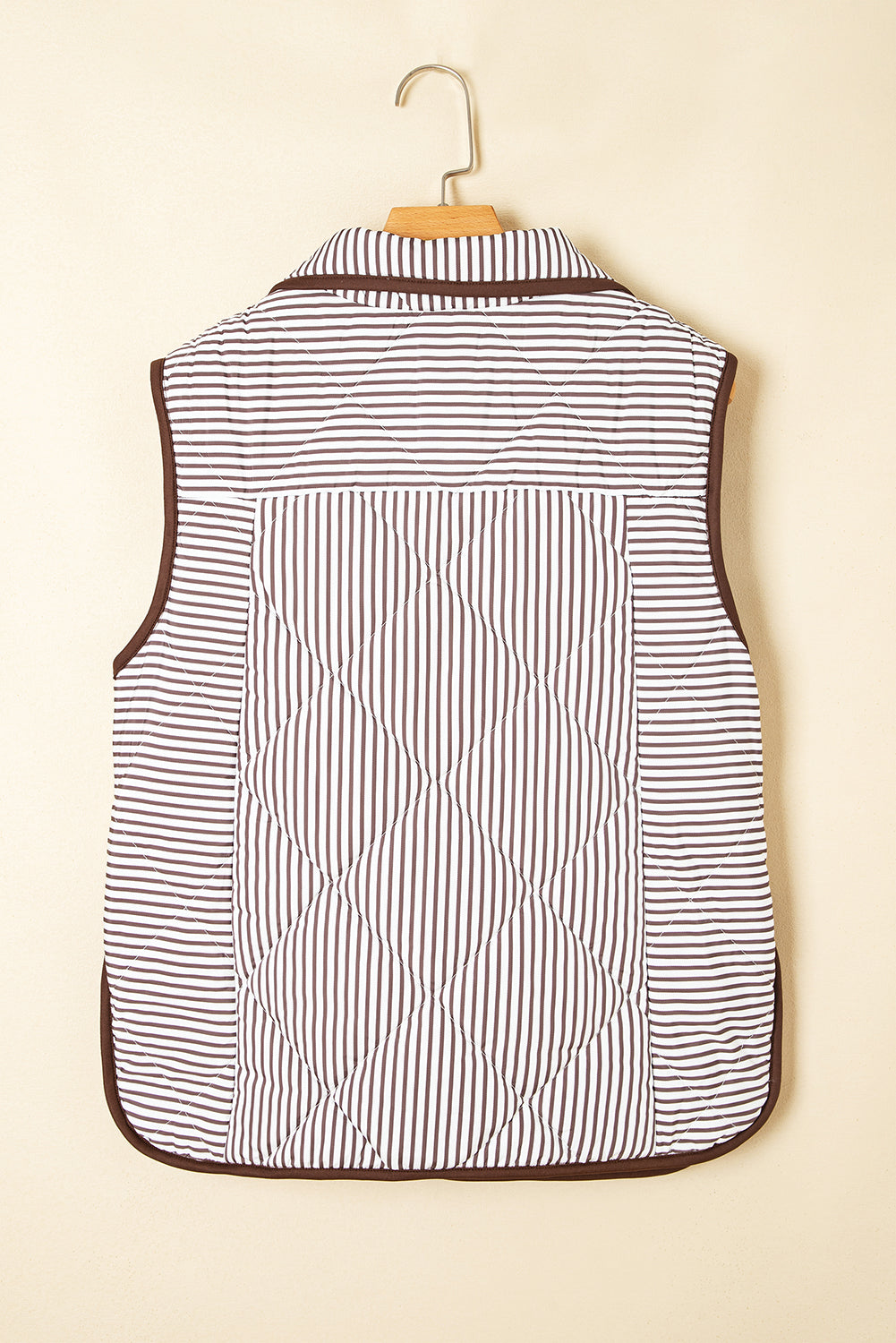 Brown Stripe Contrast Trim Snap Button Collared Gilet eAura