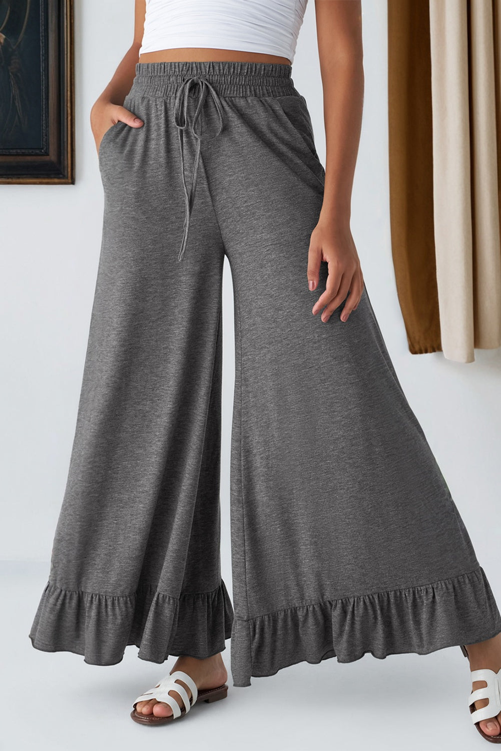 Ruffled Wide Leg Pull On High Waist Trousers with Pockets - Grey / S - Bottoms/Wide