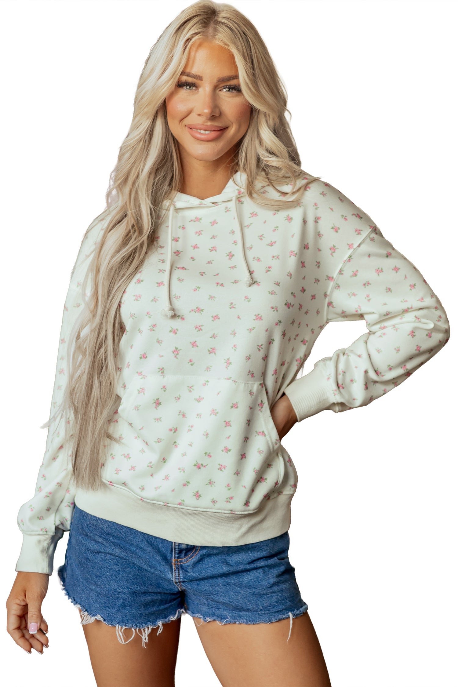 Floral Print Ribbing Drawstring Hem Long Sleeve Hoodie – White