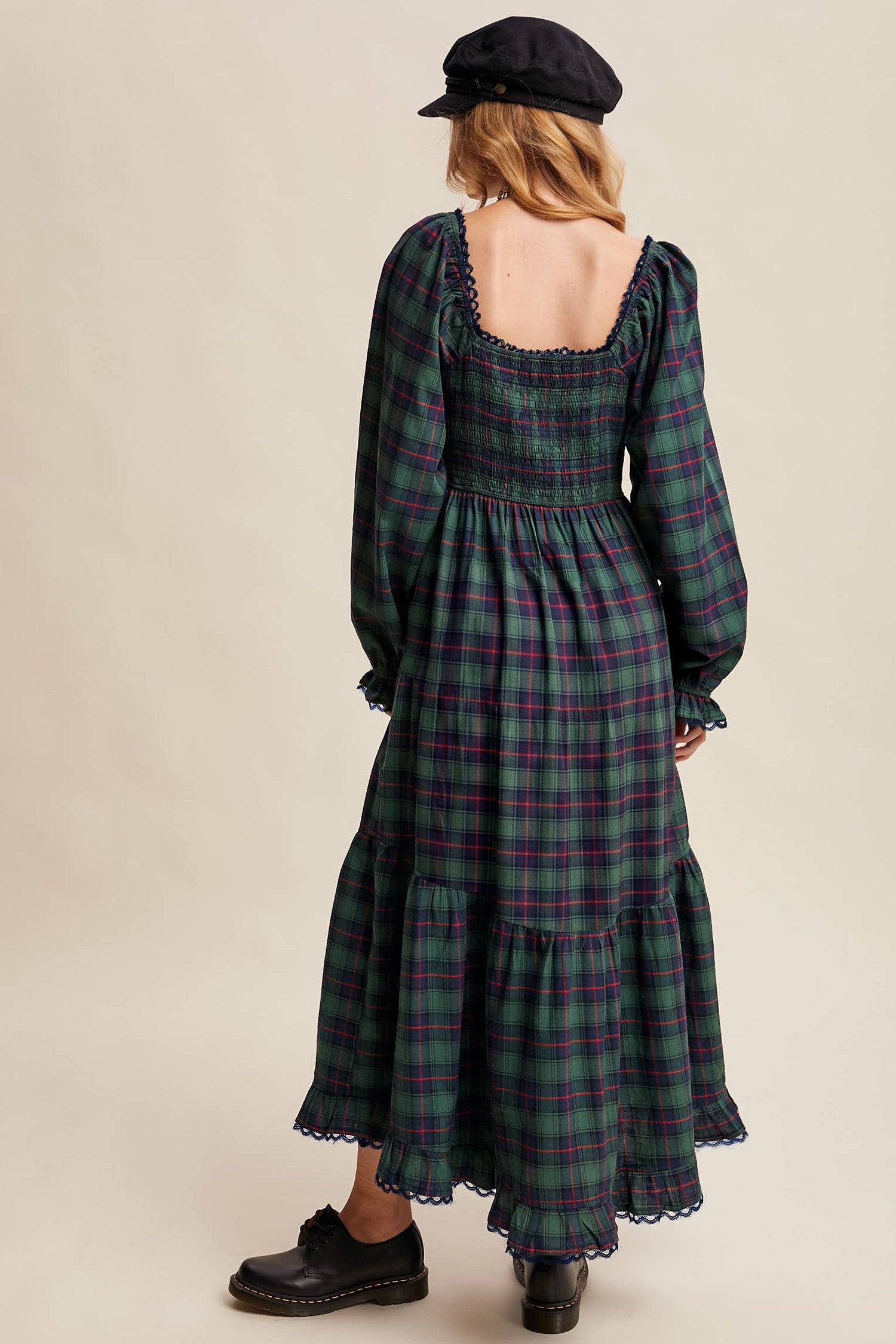 Vintage Plaid Square Neck Lace Trim Long Sleeve Shift Dress – Green
