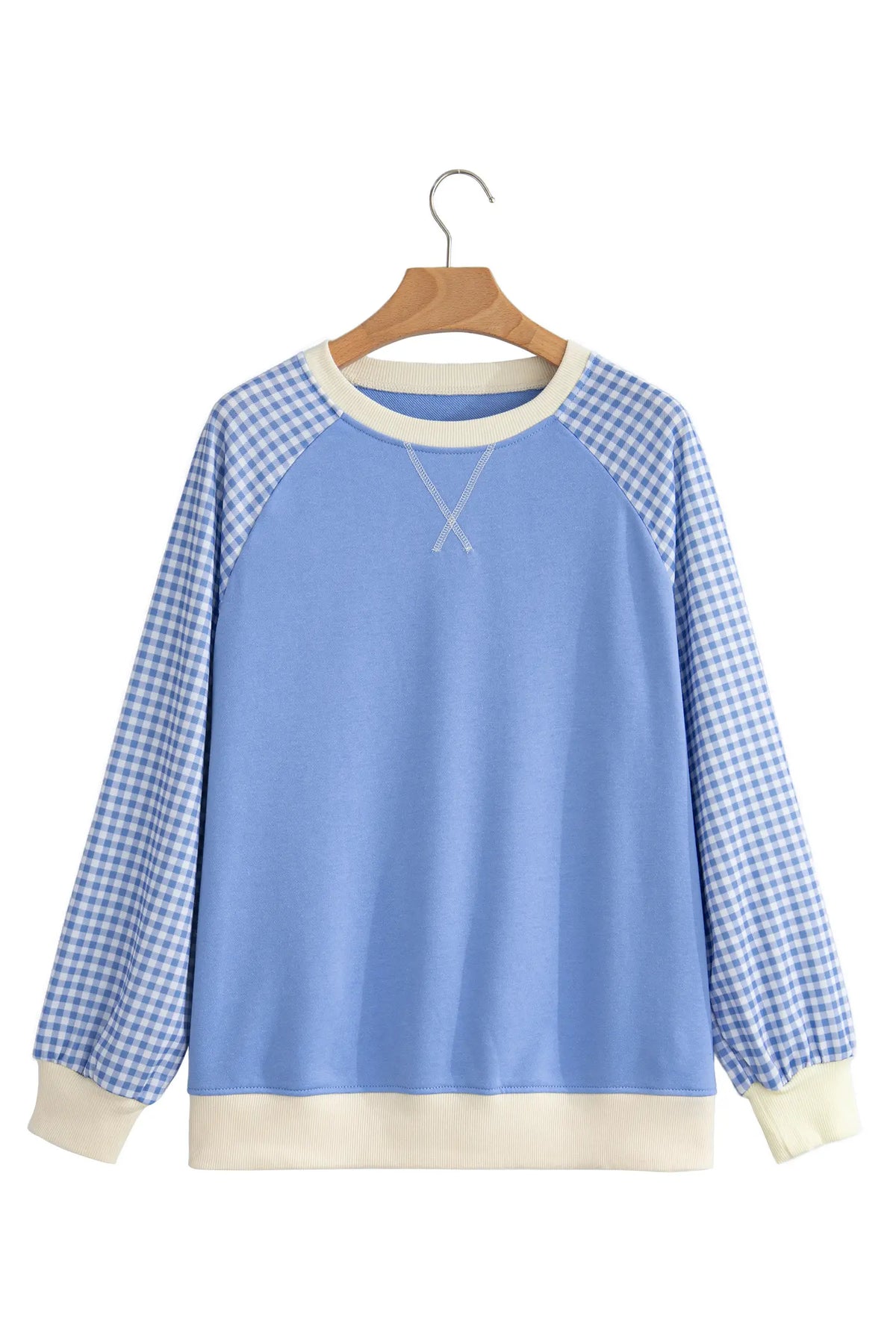 Plaid Sleeve Colourblock Raglan Pullover Sweatshirt – Beige