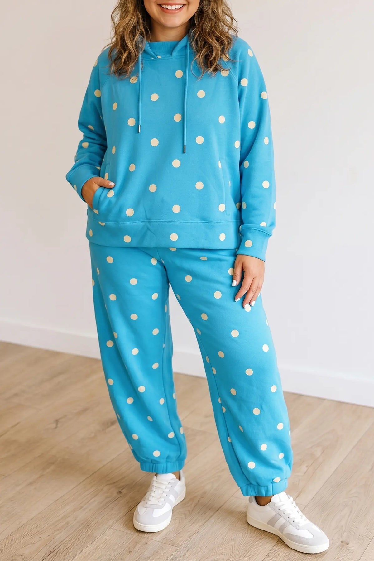 Polka Dot Hooded Drawstring Long Sleeve Plus Size Set – Blue