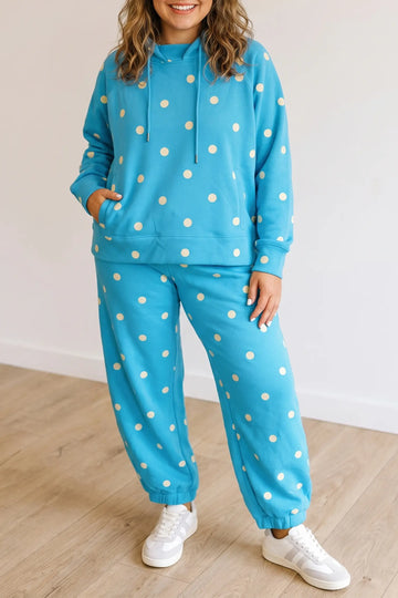 Polka Dot Hooded Drawstring Long Sleeve Plus Size Set – Blue
