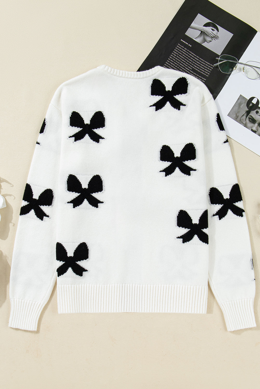 White Lace-up Bow Pattern Sweater Cardigan - eAura