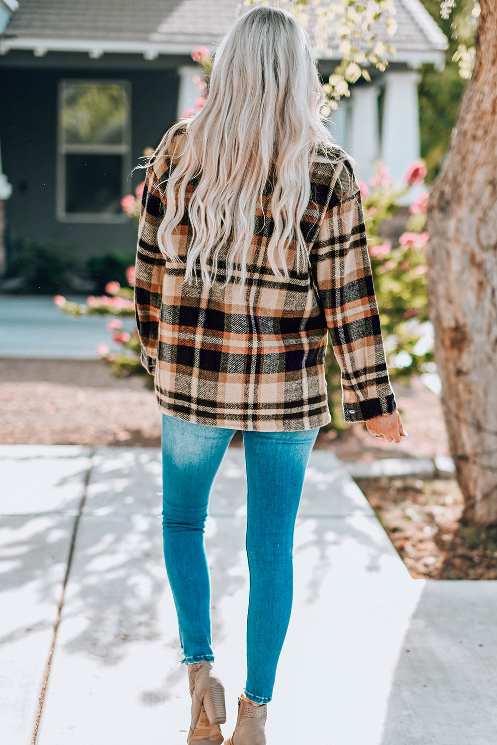 Geometric Plaid Print Pocketed Shacket eAura