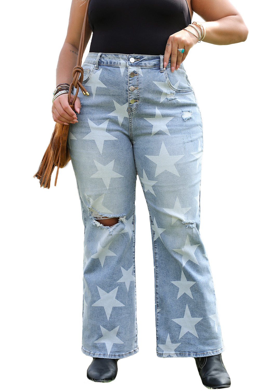 Sky Blue Star Printed Multi Buttons Slit Knee Destroyed Plus Size Jeans BB Fashion Outlet