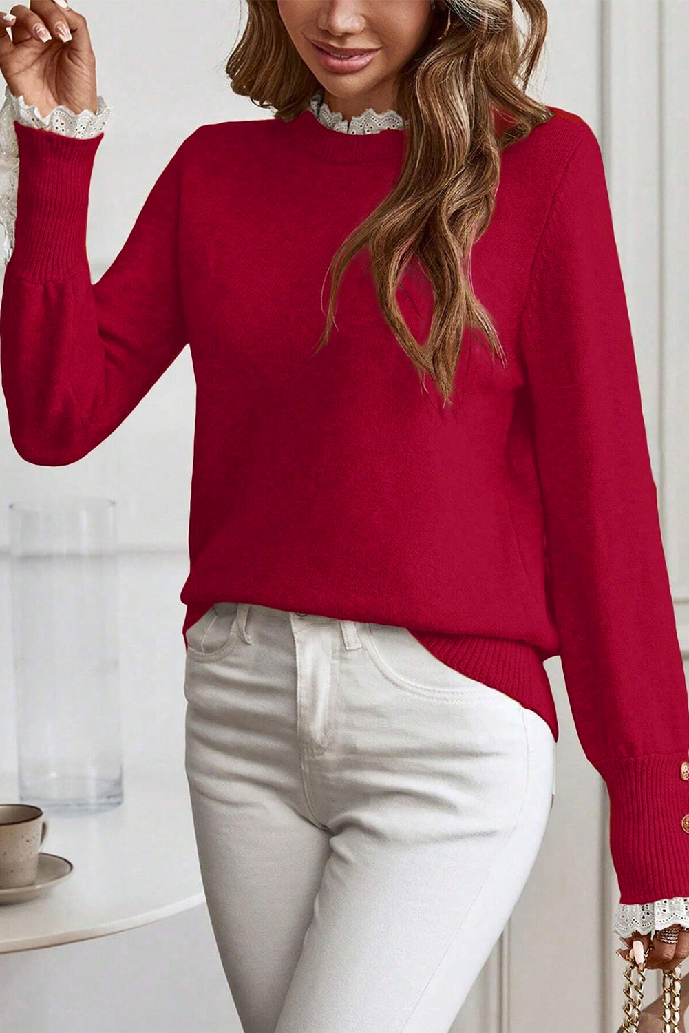 Lace Trim Sweater Patchwork Buttoned Cuffs Loose Sweater - eAura