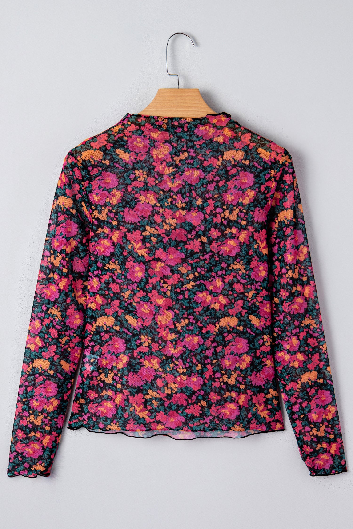 Slim Fit Floral Mesh Long Sleeve Mock Neck Top - eAura