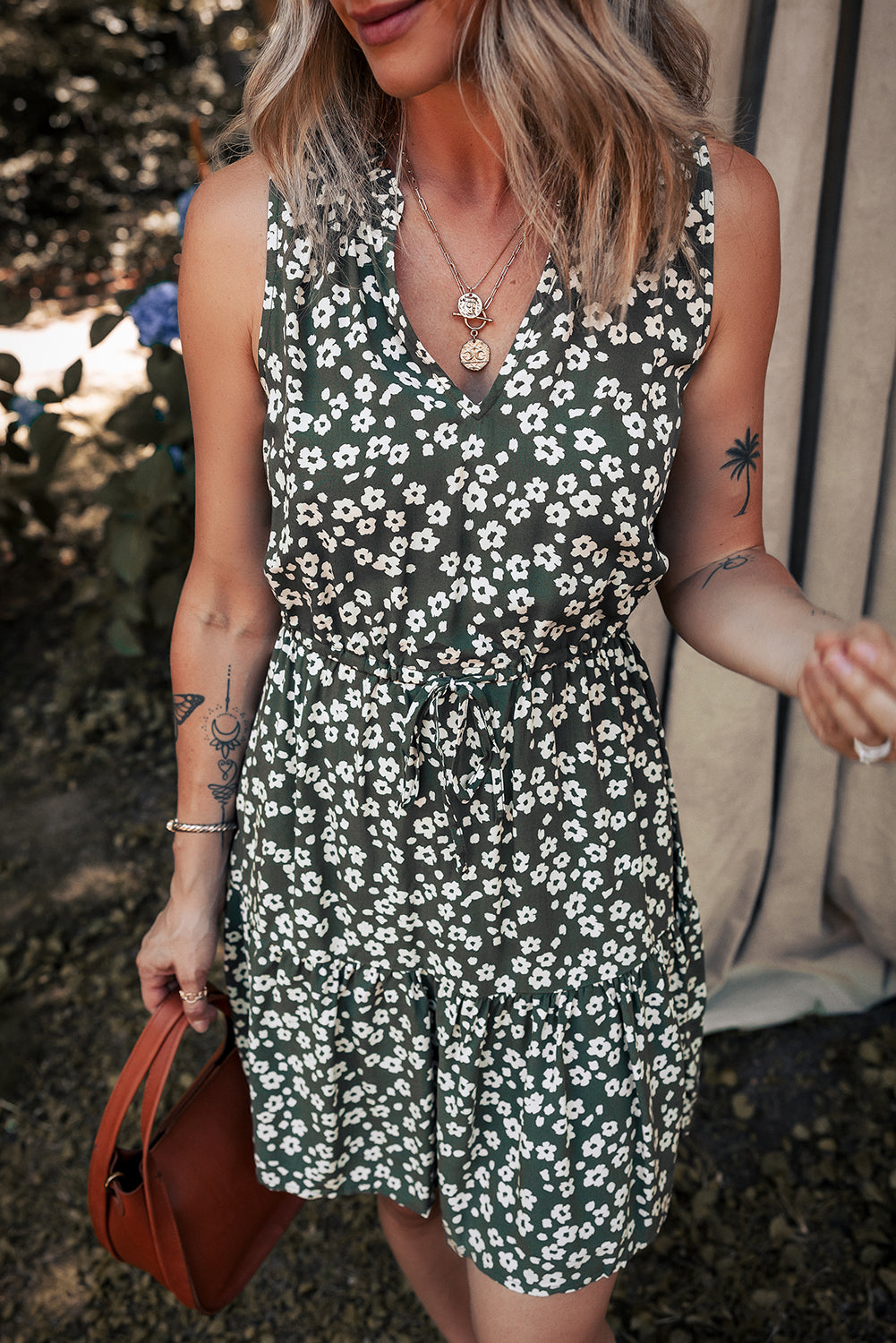 Boho Floral Print V-Neck Knot Waist Sleeveless Dress
