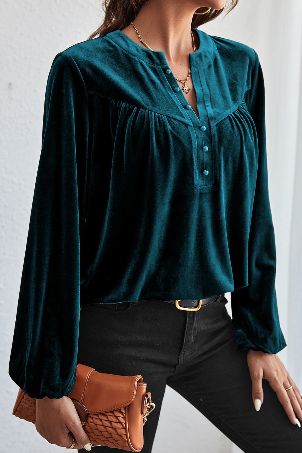Skobeloff Lantern Sleeve Beaded Split V Neck Velvet Top eAura