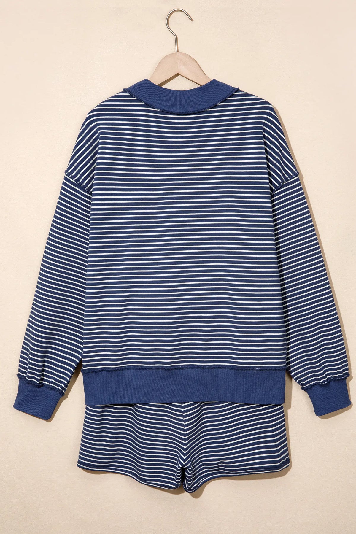 Ribbed Patchwork Mock Neck Baggy Pullover Matching Shorts Set – Blue Stripe