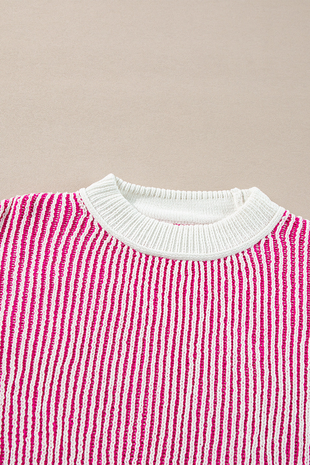Bright Pink Striped Textured Knit Contrast Edge Loose Sweater eAura
