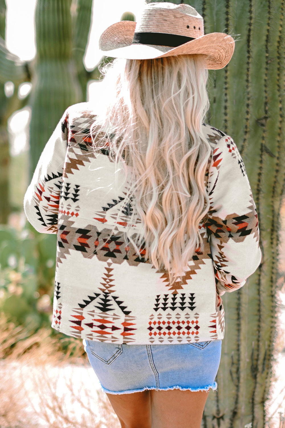 Beige Aztec Printed Stand Neck Zip Up Jacket eAura
