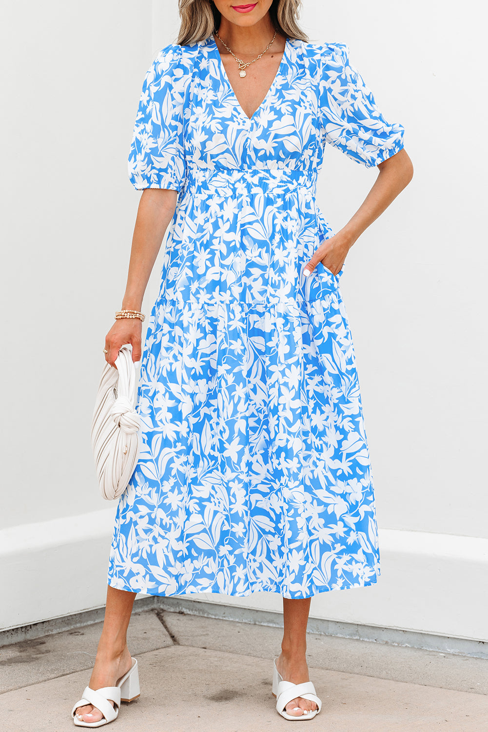 Sky Blue Floral V Neck Puff Short Sleeve Flowy Long Dress eAura