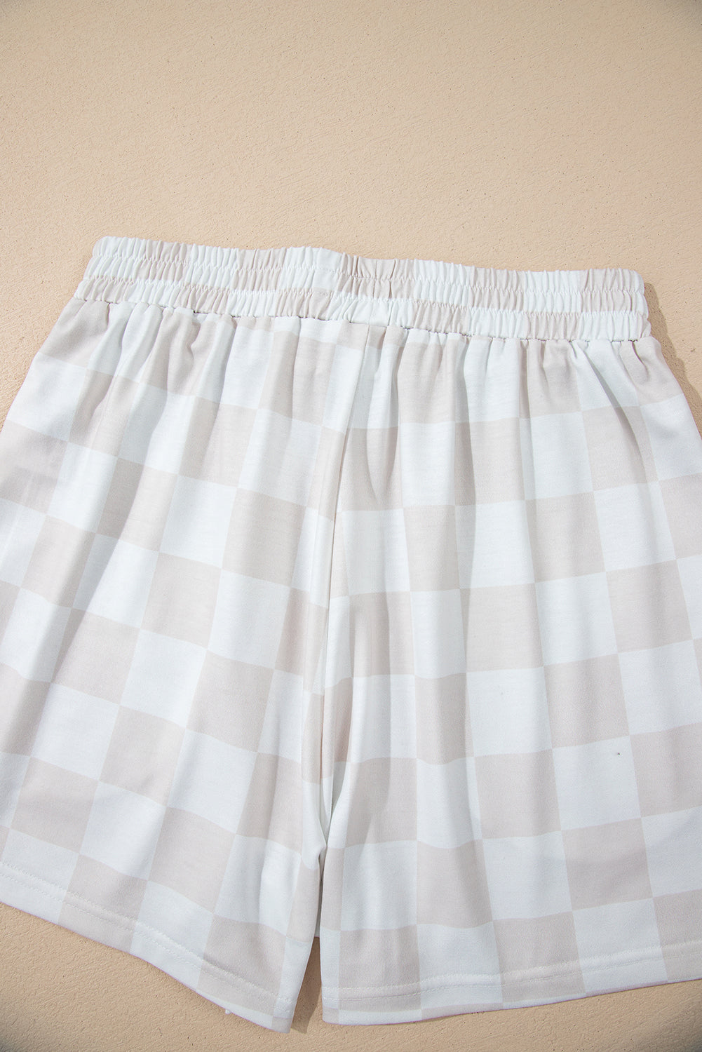 Beige Checkered V Neck Tee Drawstring Shorts Lounge Set eAura