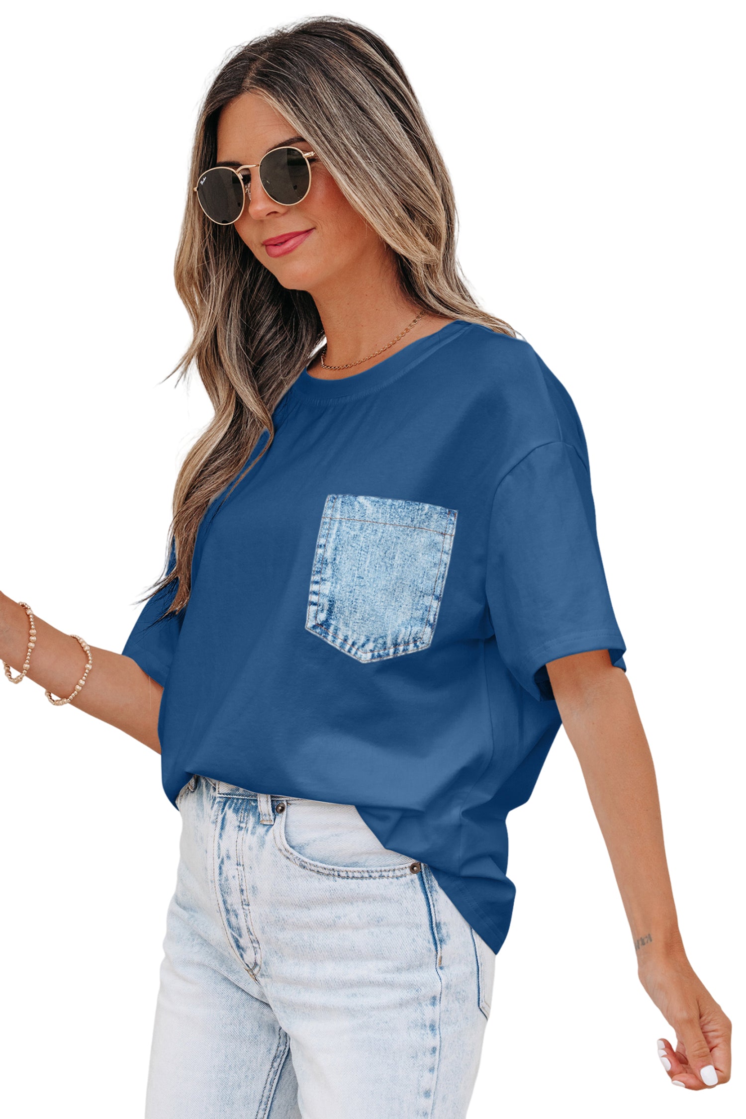 Colour Block Chest Pocket Patched Casual Short Sleeve Top