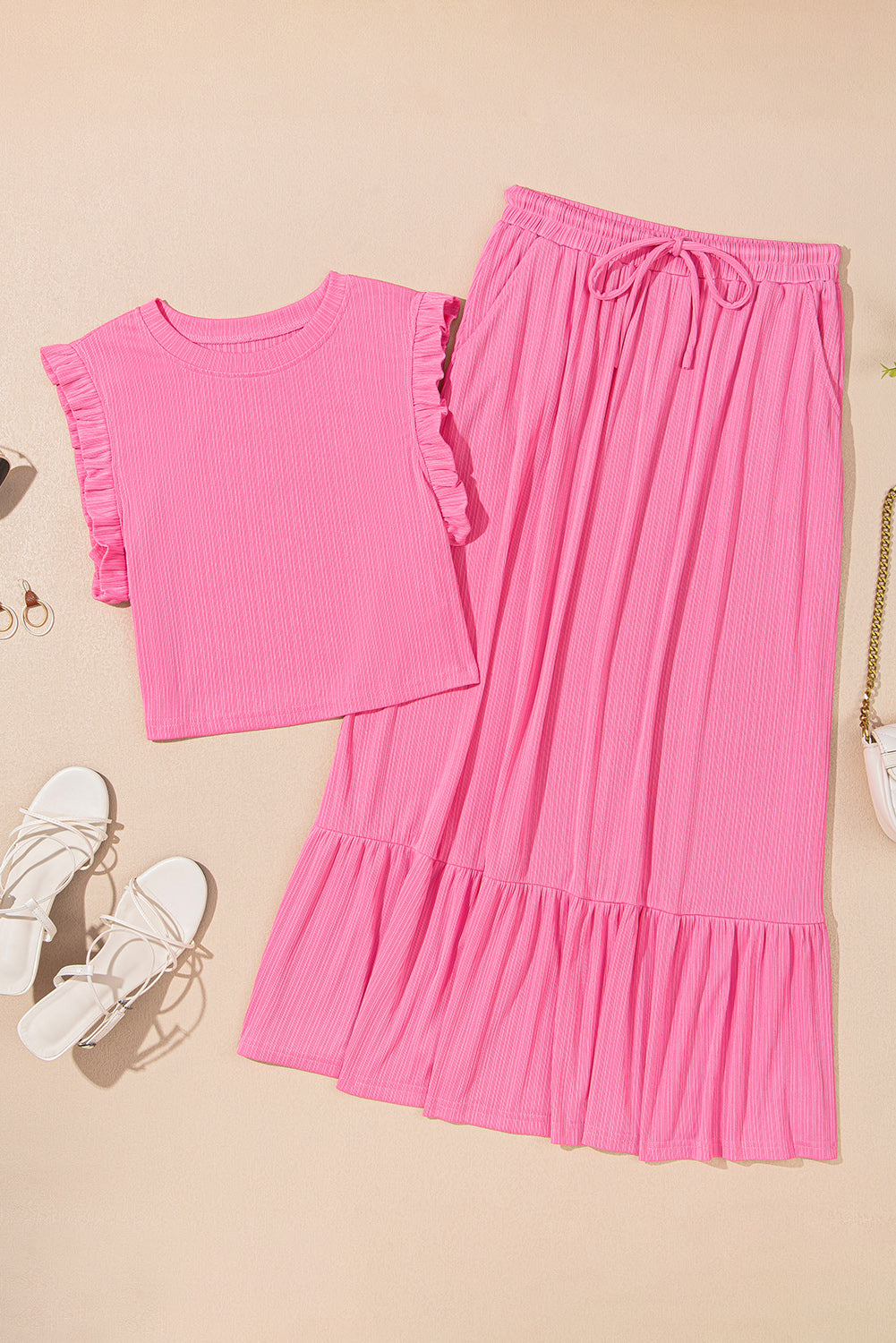 Bonbon Textured Ruffle Trim Crop Vest Lace-up Long Skirt Set Co-ord - eAura