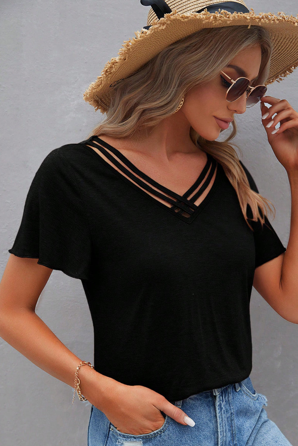 Black Crisscross V Neck Butterfly Sleeve T Shirt eAura