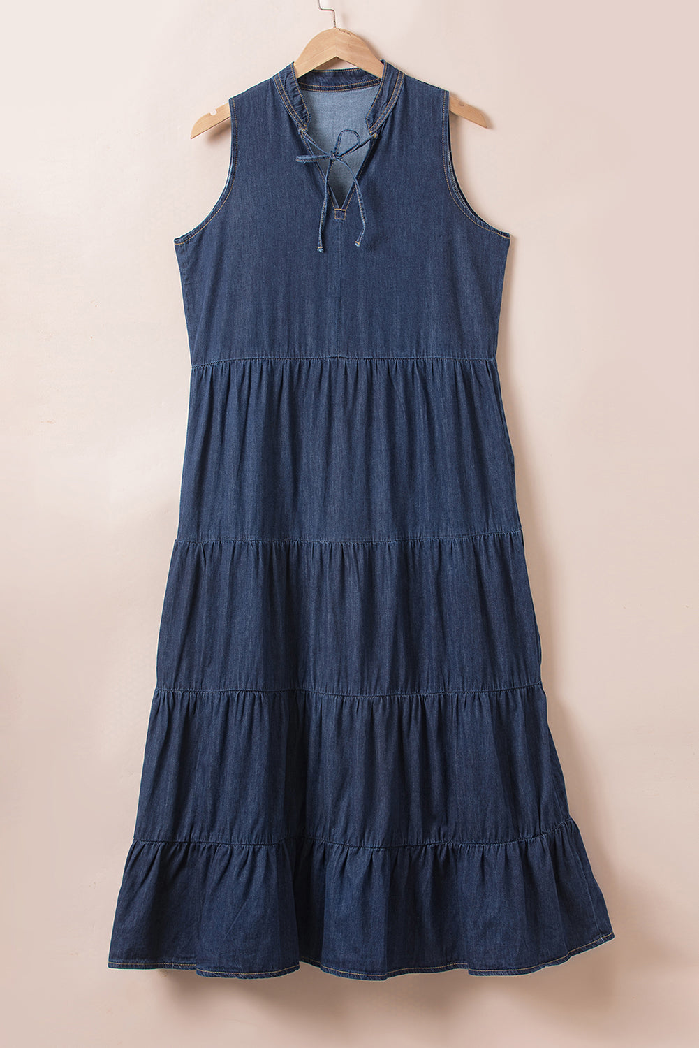 Real Teal Sleeveless Tiered Chambray Maxi Dress BB Fashion Outlet