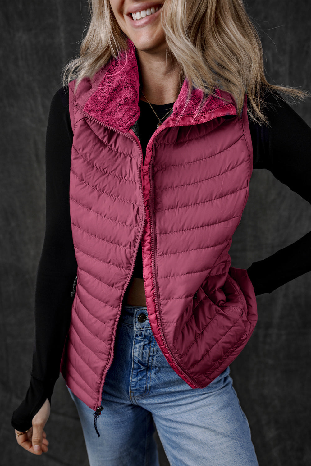 Burgundy Plush Collared Quilted Zipped Puffer Gilet Beagle Boutique Fashion Outlet