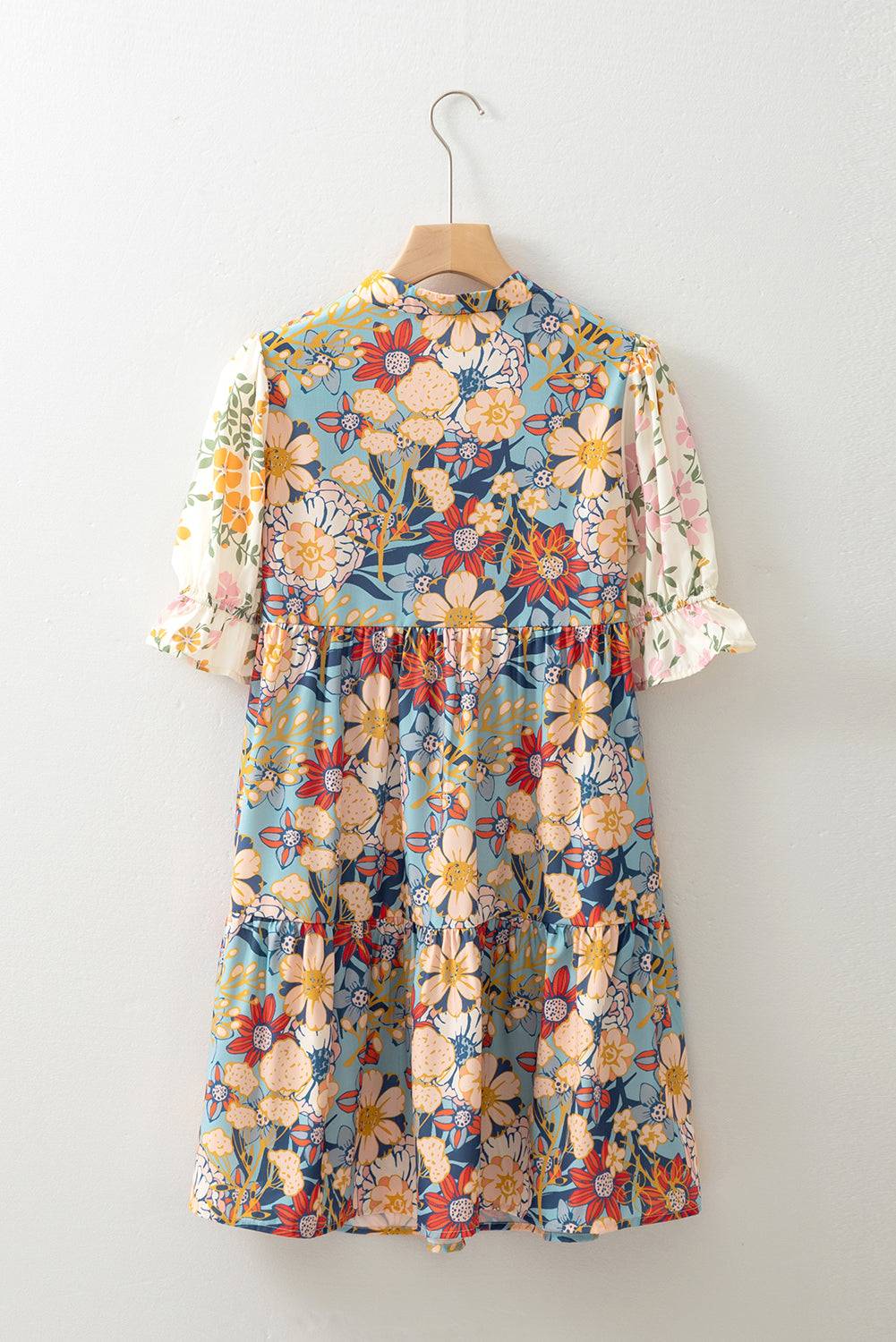Multicolour Boho Floral Print Crochet Patchwork V Neck Loose Mini Dress eAura