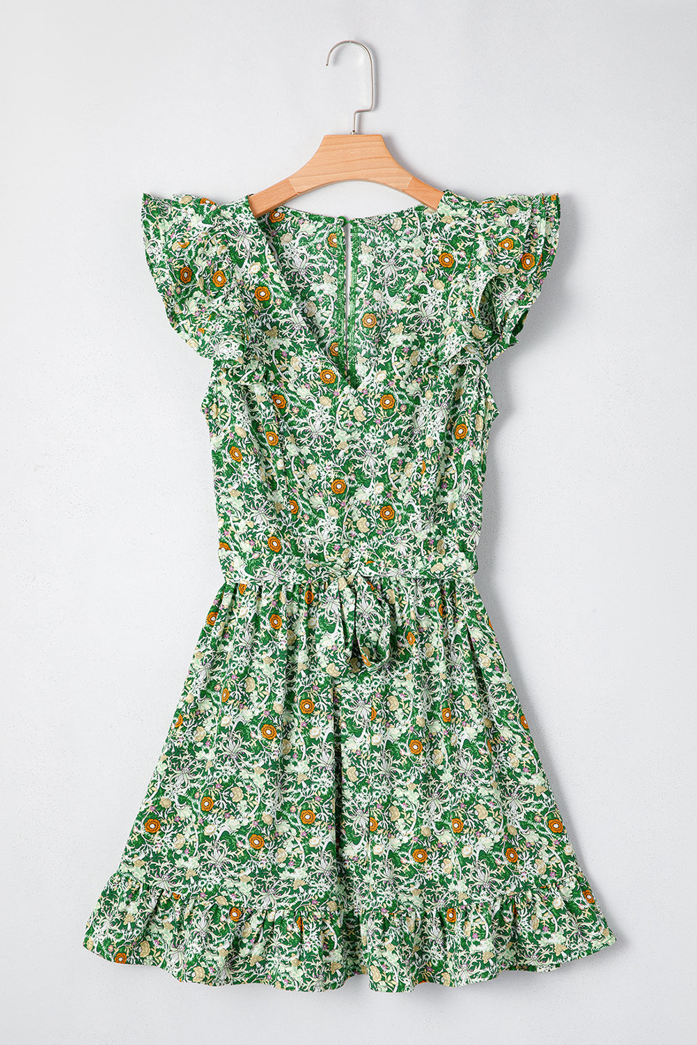 Green Flower Print Flutter Sleeve V Neck Sashed Ruffled Mini Dress eAura