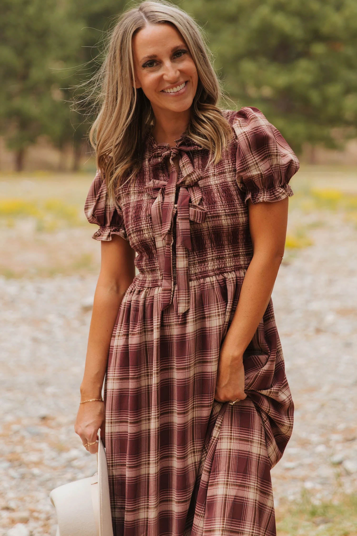 Vintage Plaid Knot Front Smocked High Waist Midi Dress – Red