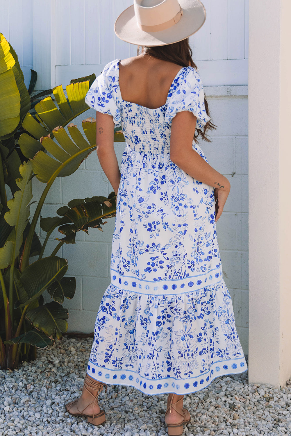 Sky Blue Floral Print Square Neck Bubble Sleeve High Waist Maxi Dress eAura