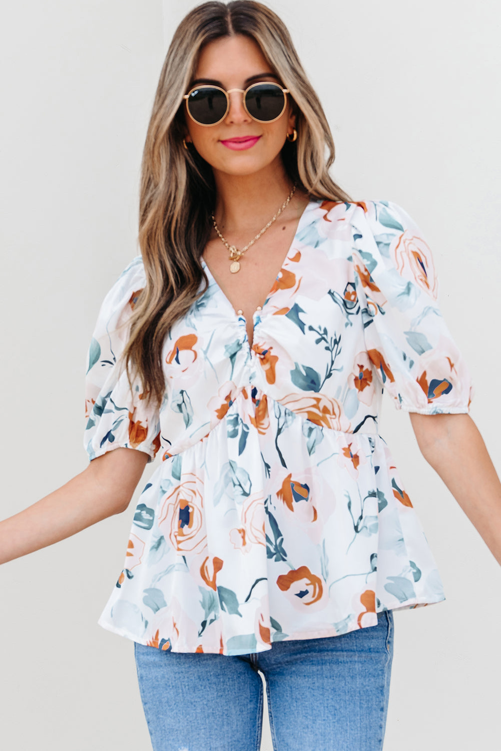 Green Floral Print Puff Sleeve V Neck Babydoll Blouse eAura
