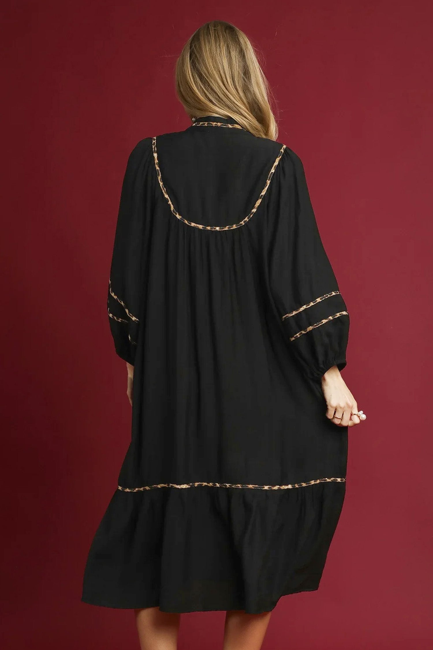 Contrast Leopard Trim Split Neck Long Sleeve Casual Midi Dress