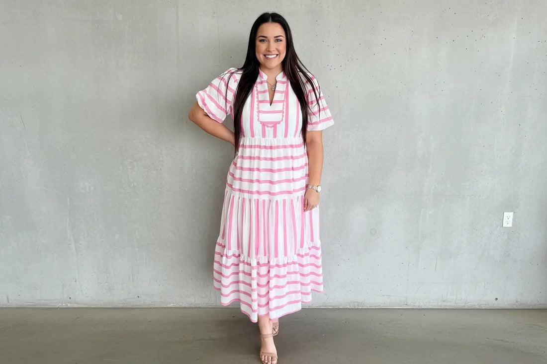 Stripe Plus Size V-Neck Short Puff Sleeve Tiered Maxi Dress