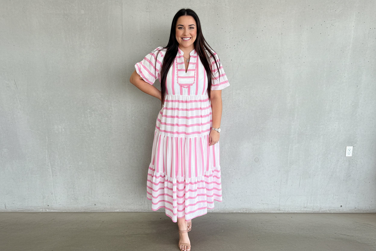 Stripe Plus Size V-Neck Short Puff Sleeve Tiered Maxi Dress
