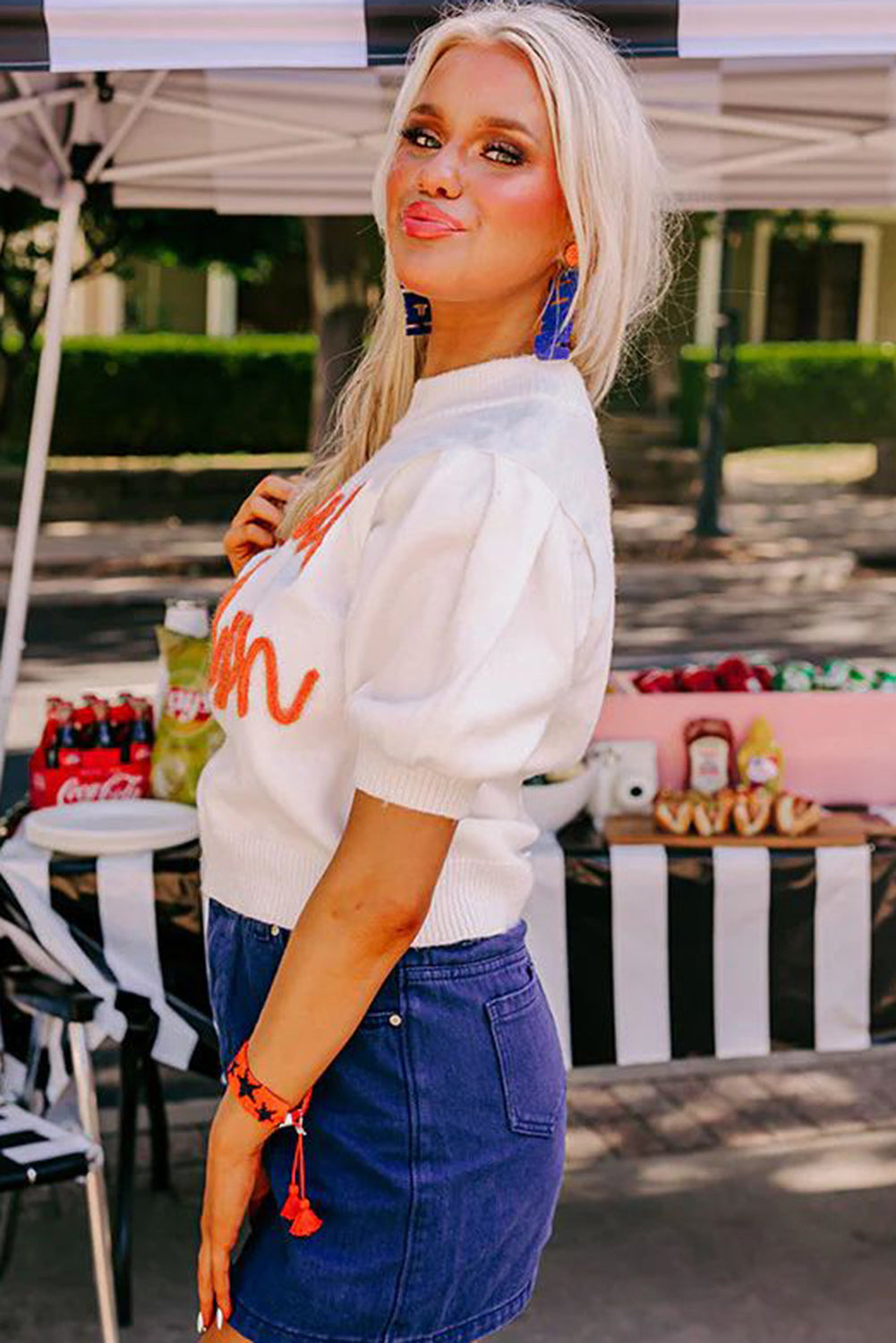 White Touchdown Tinsel Puff Short Sleeve Crew Neck Sweater eAura