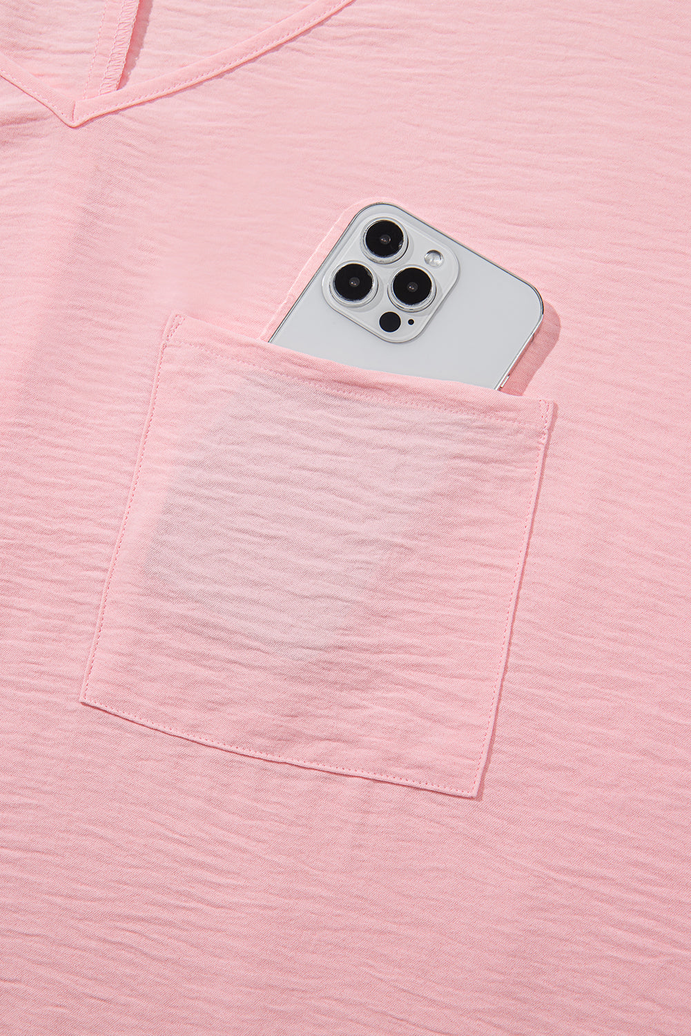 Pink Textured Half Sleeve V Neck Plus Size T Shirt with Chest Pocket BB Fashion Outlet