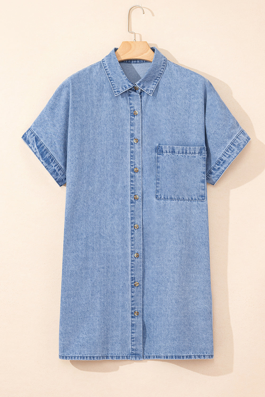Dusk Blue Short Sleeve Pocketed Button up Denim Tunic Dress BB Fashion Outlet