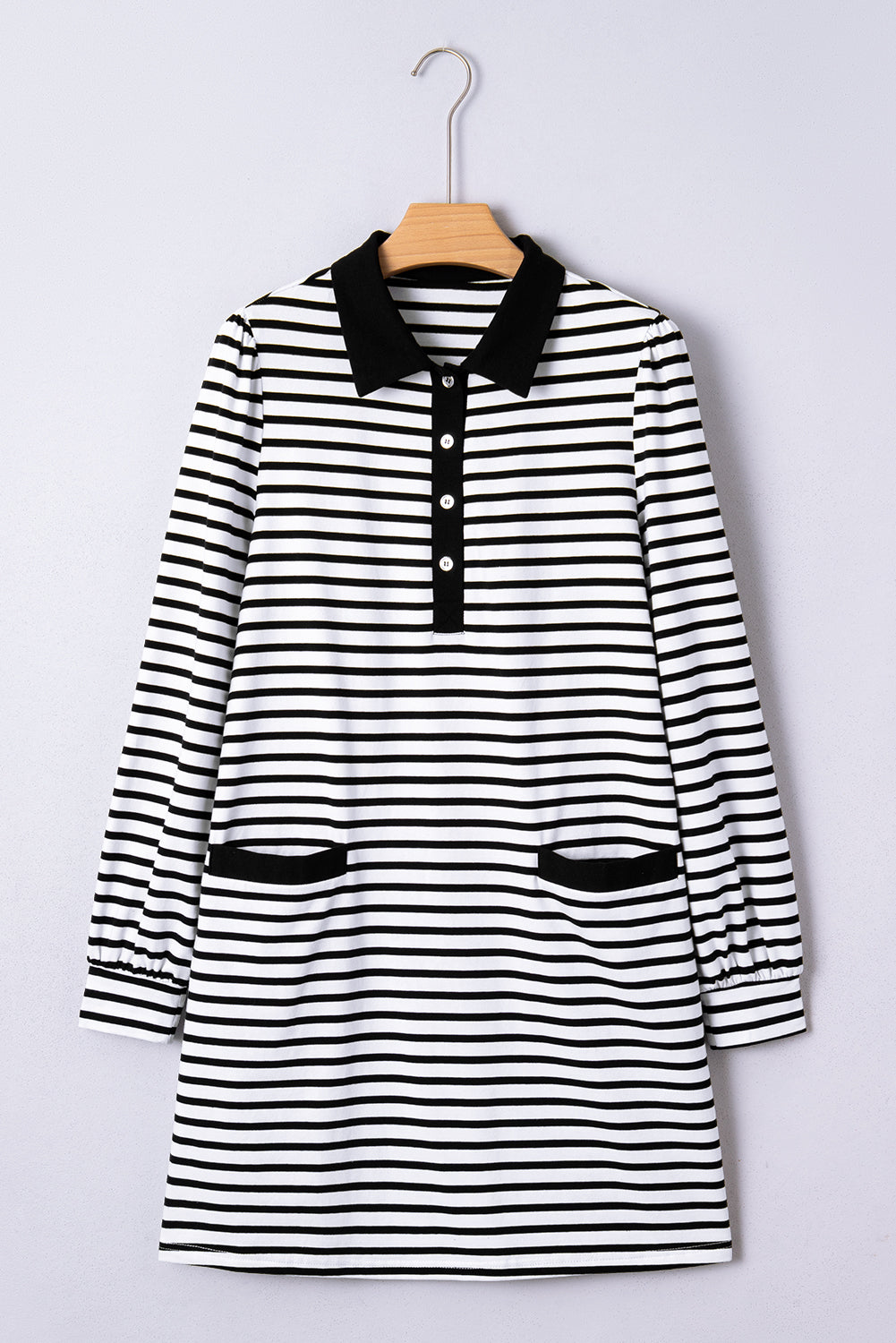 Striped Buttoned Front Collared Long Sleeve T Shirt Dress with Pockets - eAura