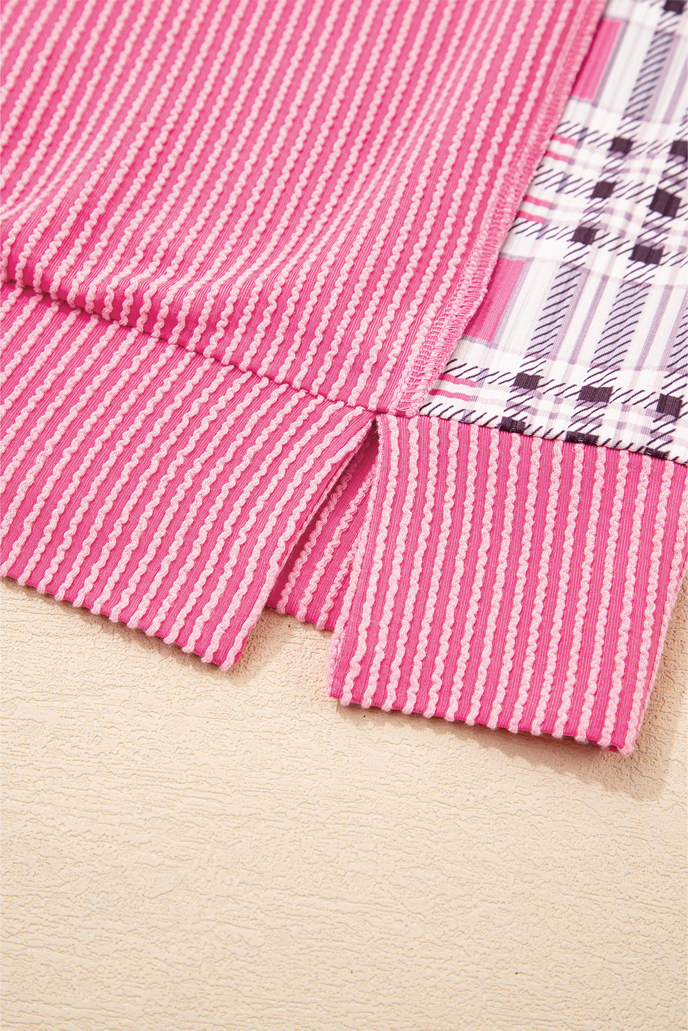 Soft Corded Texture Patchwork Split Neck Long Sleeve Top - eAura