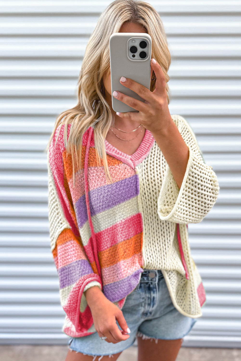 Beige Oversized Colourblock V Neck Hooded Sweater eAura