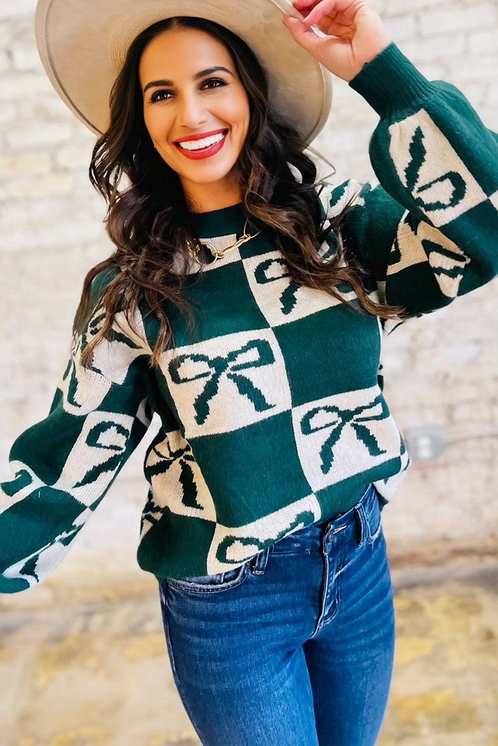 Green Checkered Bow Print Casual Sweater - eAura