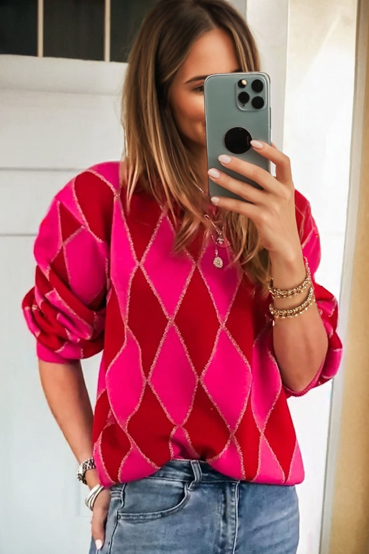 Glitter Rhombus Pattern Knit Casual Sweater - eAura