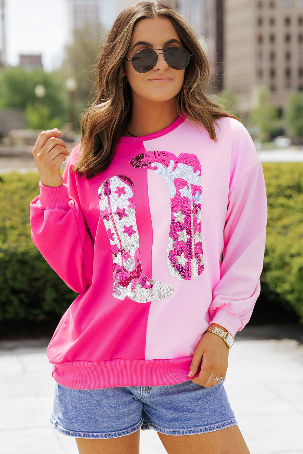 Pink Colour Block Sequined Cowgirl Boots Graphic Sweatshirt eAura