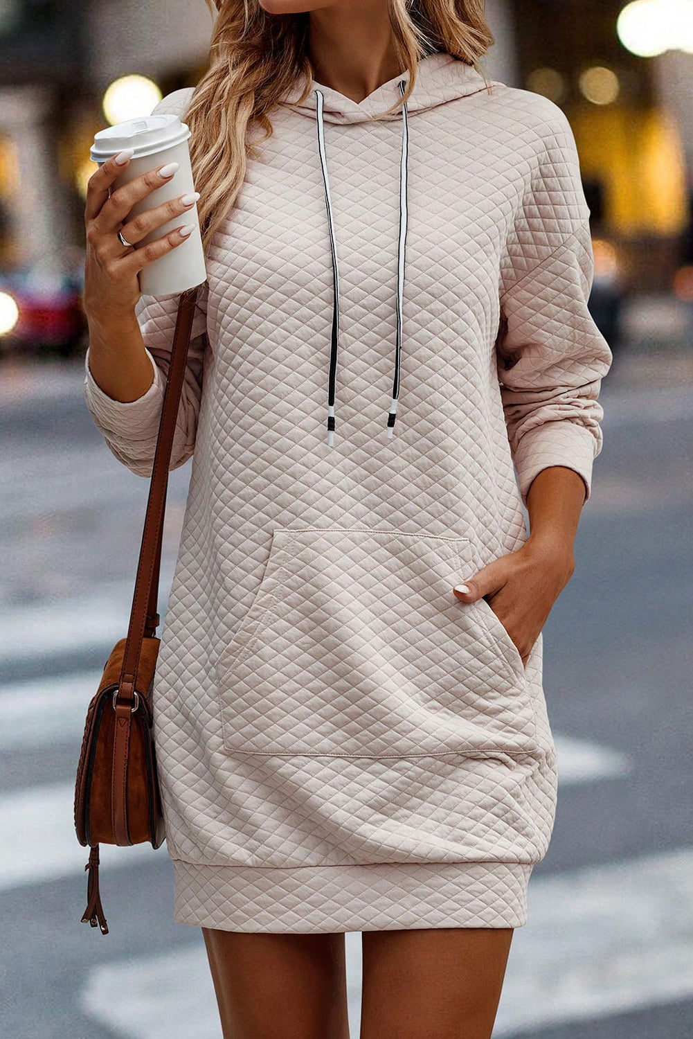 Parchment Drawstring Kangaroo Pocket Quilted Hooded Dress eAura