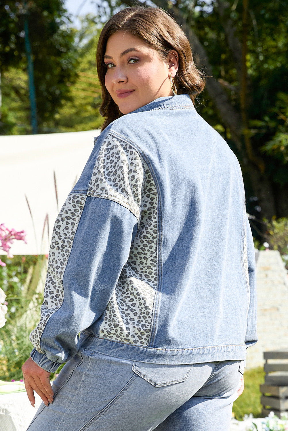 Beau Blue Leopard Patchwork Flap Detail Plus Size Denim Jacket Beagle Boutique Fashion Outlet