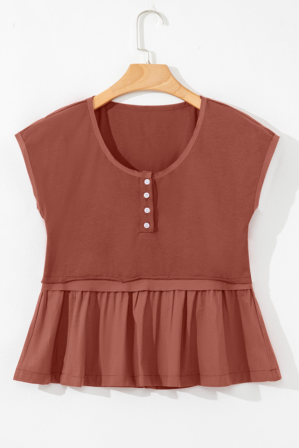 Chestnut Short Sleeve U Neck Buttons Splicing Ruffle Blouse eAura