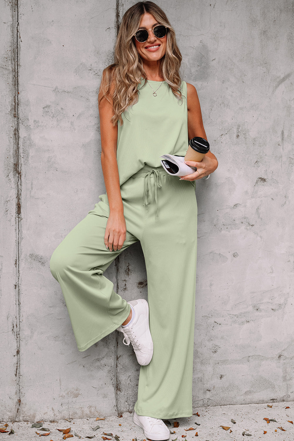 Green Textured Tank Top and Drawstring High Waist Trousers Co-ord Set eAura