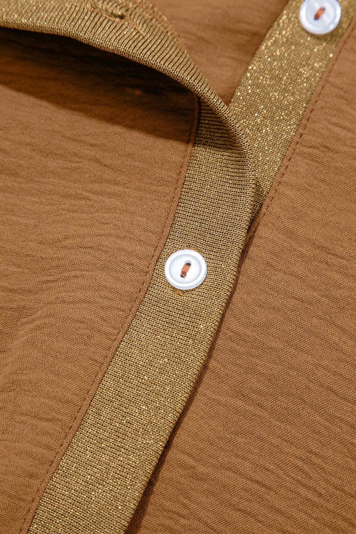 Brown V Neck Glitter Trim Patchwork Button-Front Blouse – Honey Gold