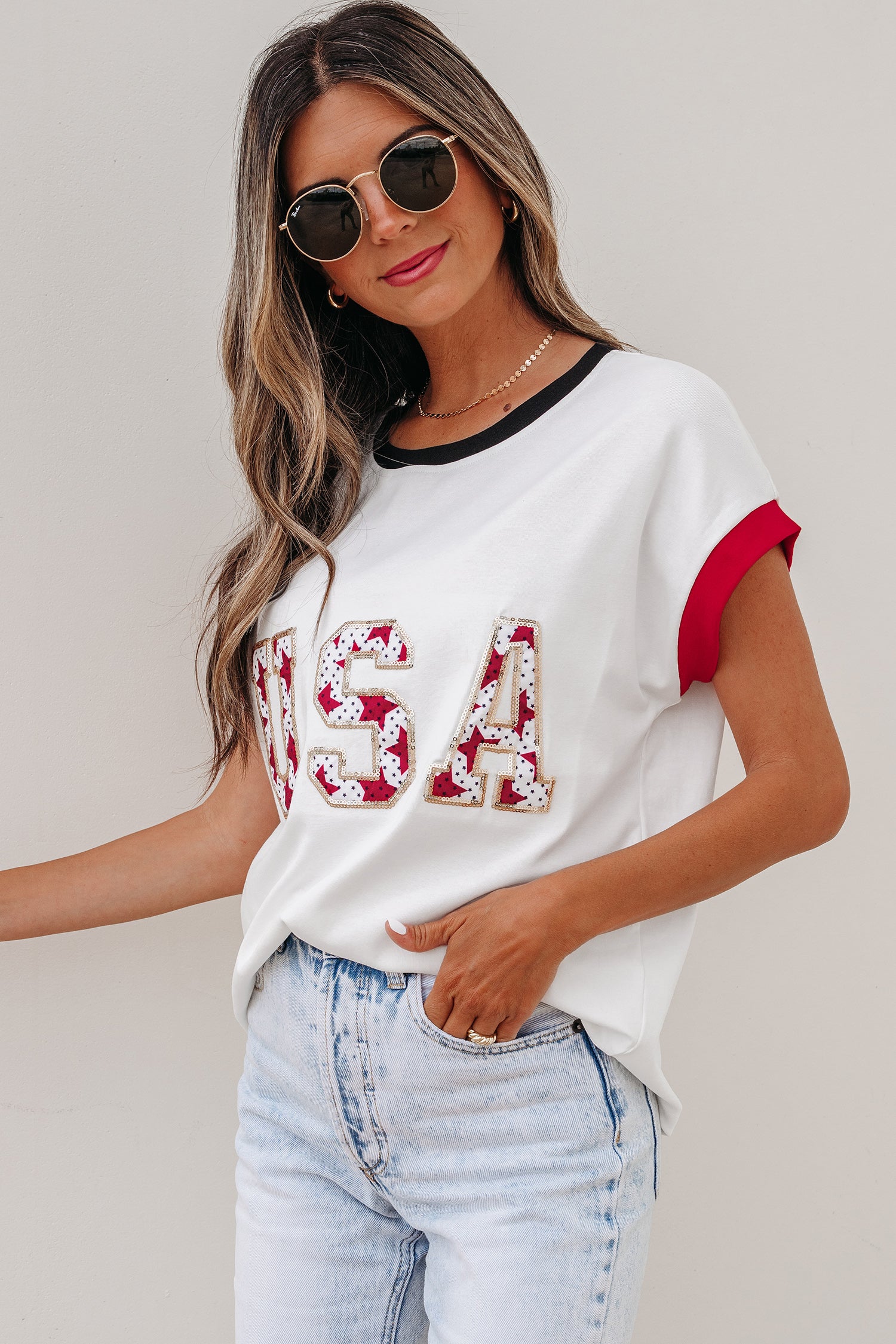 USA Sequin Colour Block Loose T-Shirt