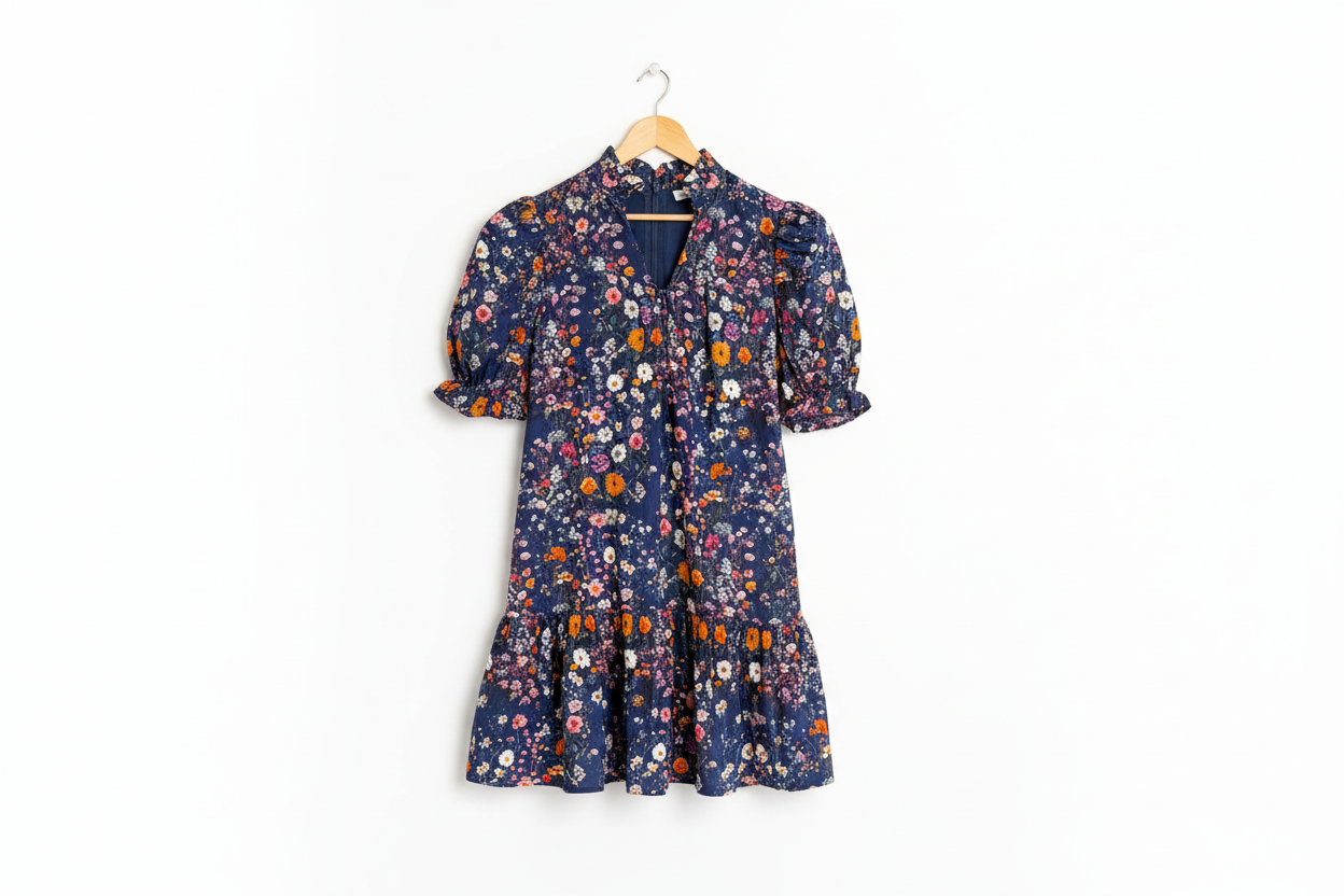 Wild Daisy Floral Split Neck Short Puff Sleeve Mini Dress