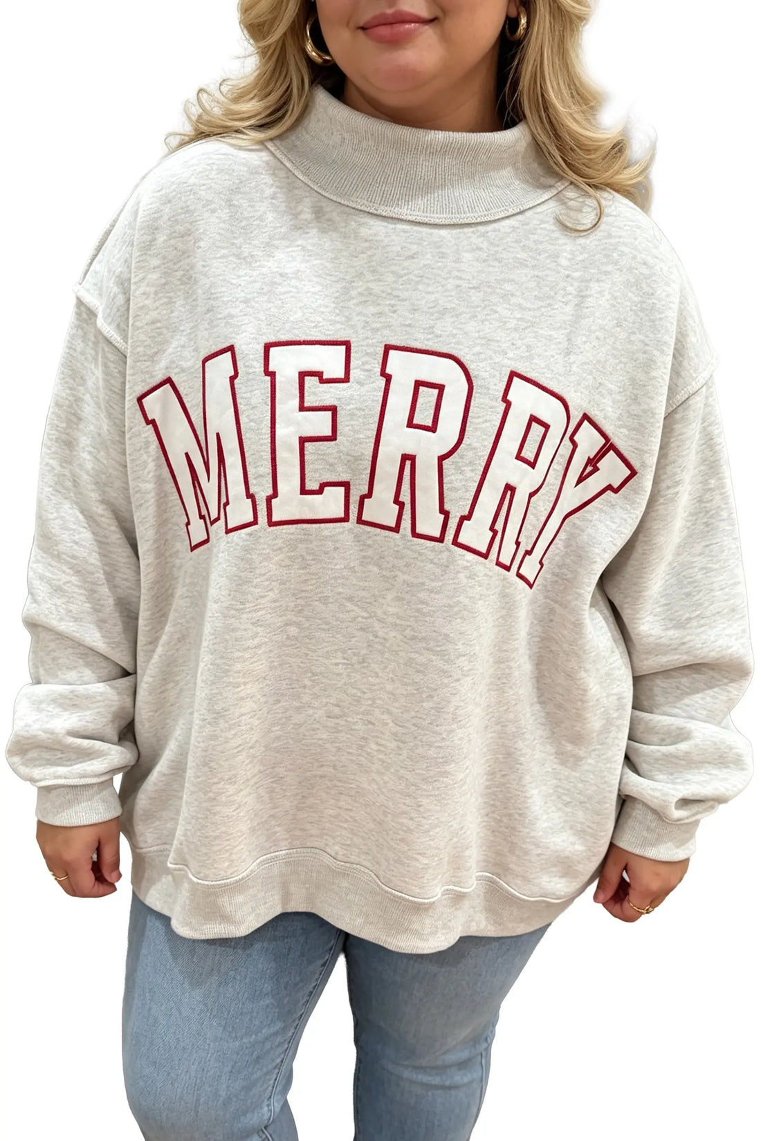 Embroidered Merry Letter Print Mock Neck Plus Size Sweatshirt